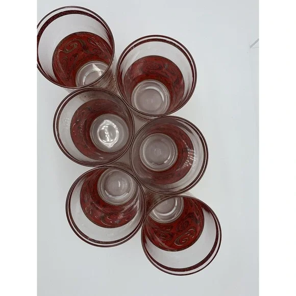 Culver ltd MCM Red 22K Gold Swirl Set of 6 Leaf Scroll Baroque High Ball Glasses - Picture 9 of 16